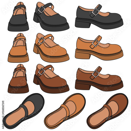 Set of color illustrations with women shoes. Isolated vector objects on white background.