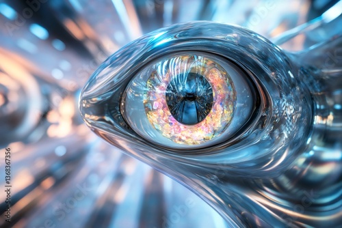 Glassy alien eye, adorned with colorful opal details, intensely observing a vibrant, futuristic background filled with surreal elements