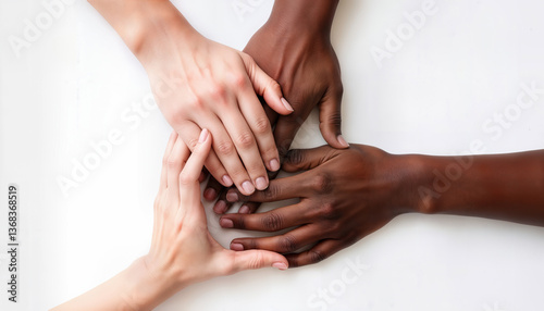 Three diverse hands with different skin tones come together in unity over a white background. Symbolizing multiculturalism, interracial friendship, equality, and connection