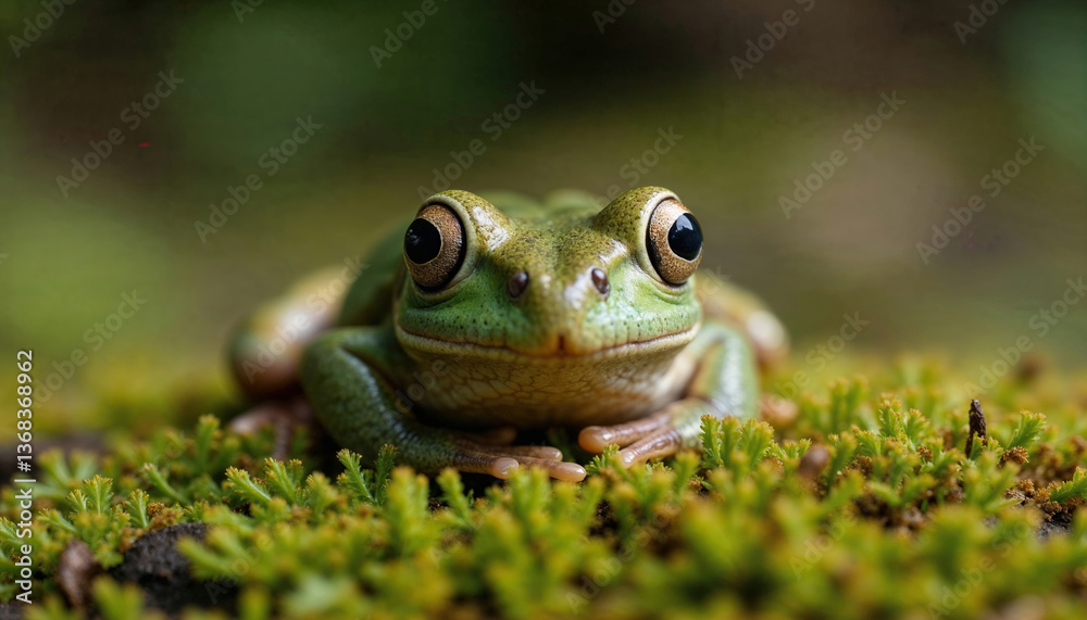Fototapeta premium Vibrant green tree frog poses on mossy surface in its natural habitat. Macro photography capturing amphibian details and alert gaze towards camera