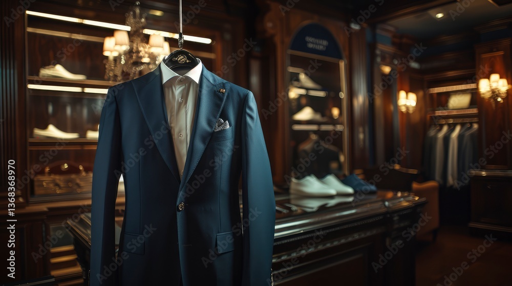 Fototapeta premium Elegant tailored suit displayed in a luxurious boutique, surrounded by upscale fashion items