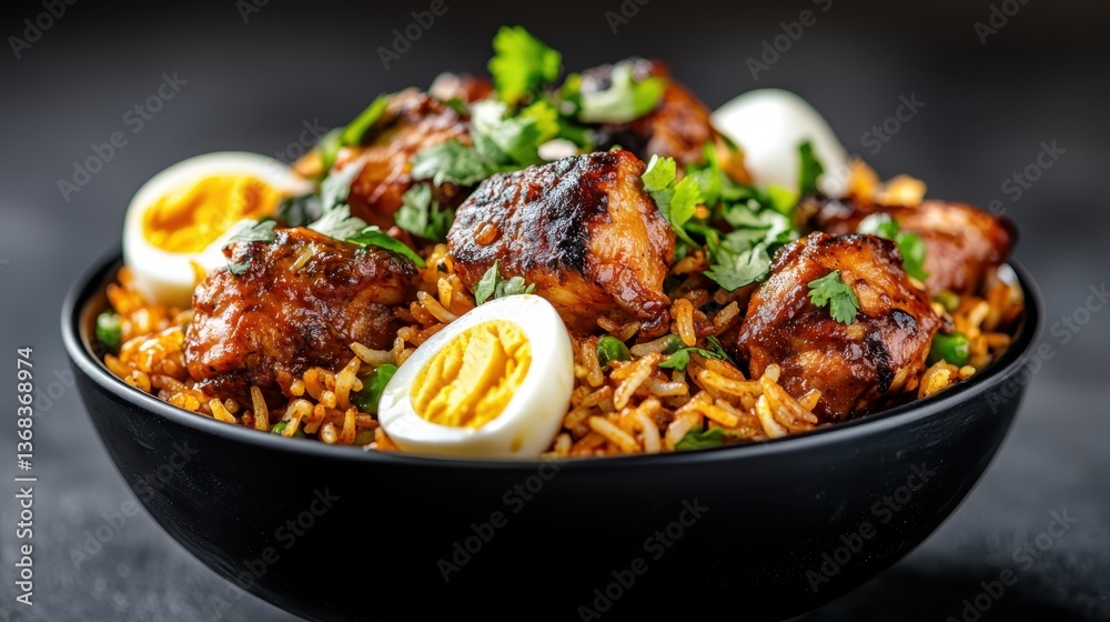 A colorful presentation of spiced chicken served on a bed of rice, garnished with halved boiled eggs and crisp herbs, an ideal dish for culinary enthusiasts.
