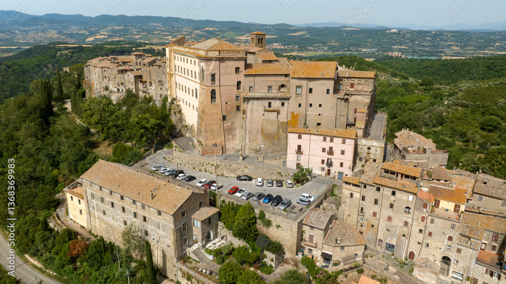 Obraz premium Aerial view of the historic center of Bomarzo, a small town in the Tuscia area in the province of Viterbo, Lazio, Italy.