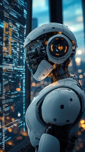 Futuristic robot programmer at night city window