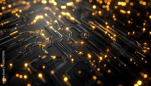 Close-up of the black and gold wavy lines of an electric circuit, with golden light effects