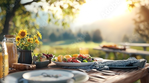 Warm and rustic outdoor countryside family dinner gathering at scenic sunset. A cozy, idyllic scene of a table set for a meal in a serene, natural landscape.
