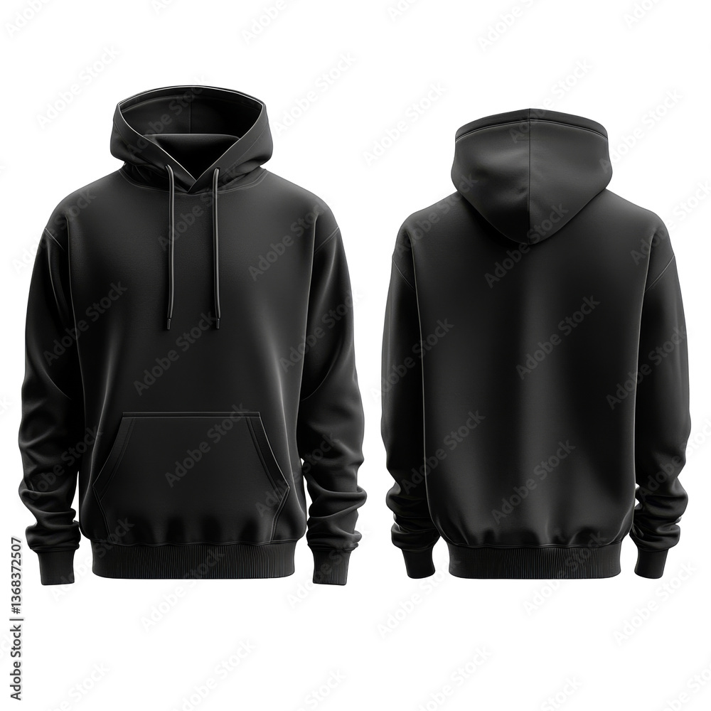 Black hoodie displayed from the front and back in a studio setting with neutral background