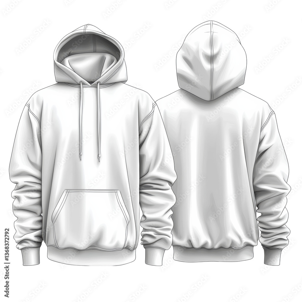 White hoodie design featuring front and back views for clothing illustration