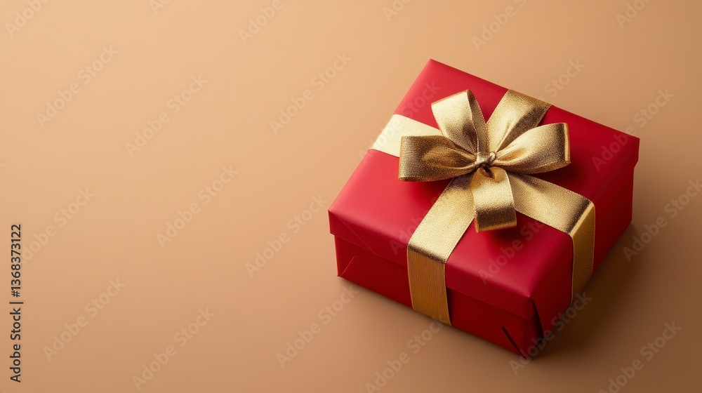 Fototapeta premium Red Gift Box with Gold Ribbon on Beige Background