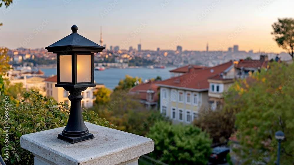 A serene sunset view of Istanbul's skyline with a lantern in the foreground illuminating the scene A serene sunset view of Istanbul's skyline with a lantern in the foreground illuminating the scene