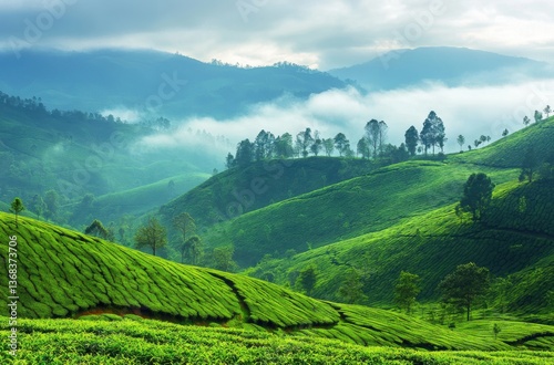 Lush tea plantations of Munnar, rolling green hills photo