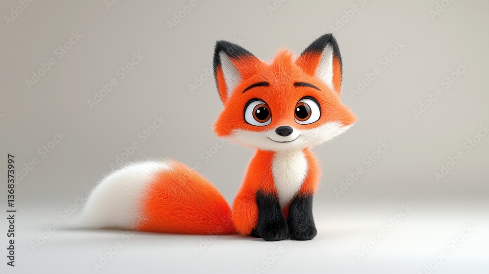 Obraz premium Cute Cartoon Fox with Orange Fur and Bushy Tail Sitting on White Background