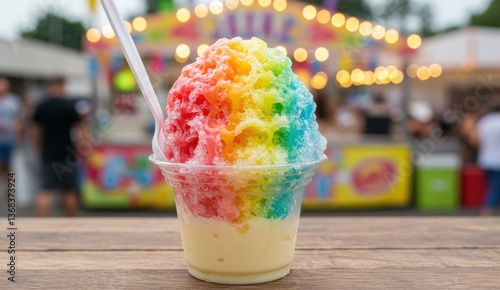 Colorful rainbow shaved ice in cup at carnival festival food stall. Summer treat, family-friendly celebration atmosphere.