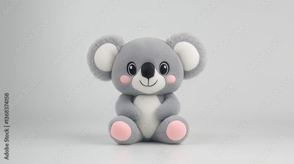 Fototapeta premium Adorable plush koala toy with fluffy ears, sitting peacefully on a white background, irresistibly cute and cozy
