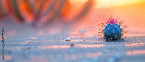 Colorful cactus on sandy beach at sunset, showcasing vibrant colors and serene atmosphere