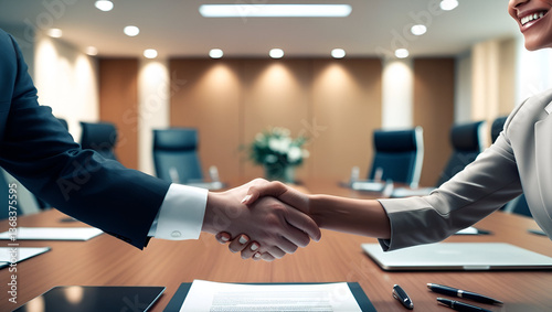 A close-up of two business professionals shaking hands in a well-lit boardroom. The focus is on the handshake, with blurred backgrounds of contracts, pens, and laptops on the table.