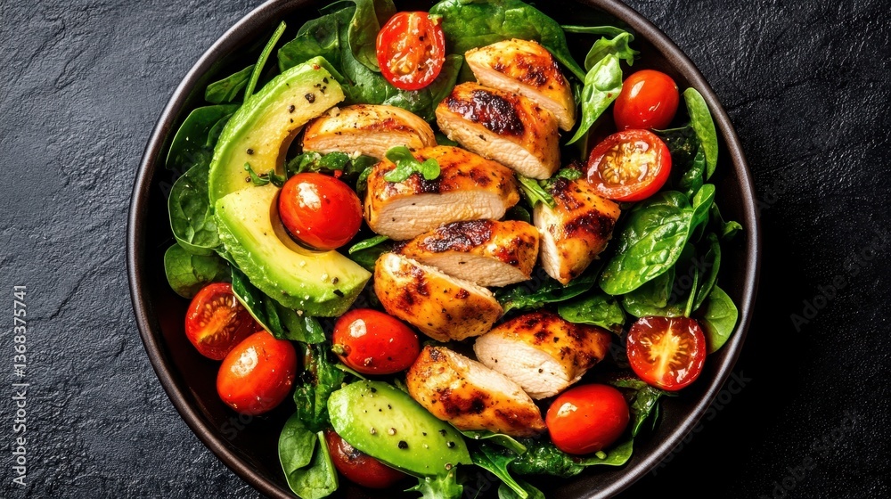 A vibrant salad featuring grilled chicken, fresh spinach, cherry tomatoes, and ripe avocado, perfect for a healthy and delicious meal any time of day. A vibrant salad featuring grilled chicken, fresh spinach, cherry tomatoes, and ripe avocado, perfect for a healthy and delicious meal any time of day.