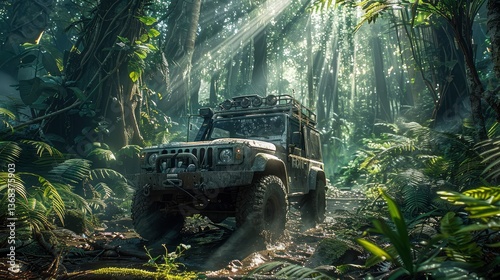 Fototapeta Naklejka Na Ścianę i Meble -  Off-road vehicle navigating through a dense jungle with sunlight filtering through the canopy