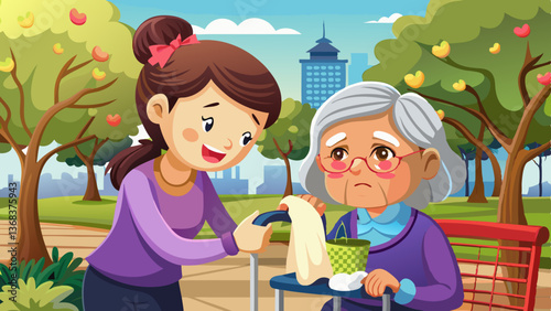  daughter using wet wiping face for her senior mother,caring woman wipe sweat for elderly people by tissue paper while walking with walker in outdoor at park,support care clean sweat on skin fac