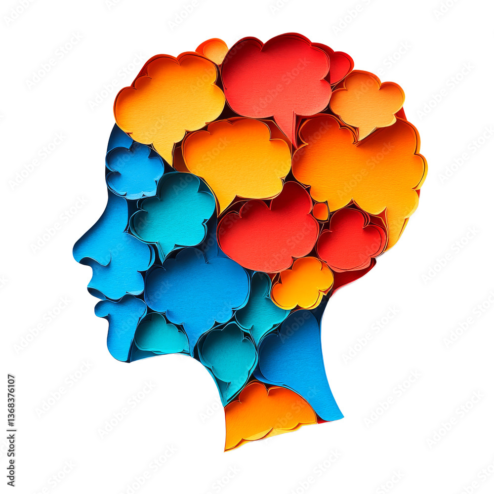 Colorful profile silhouette with vibrant thought clouds showcasing creativity and inspiration