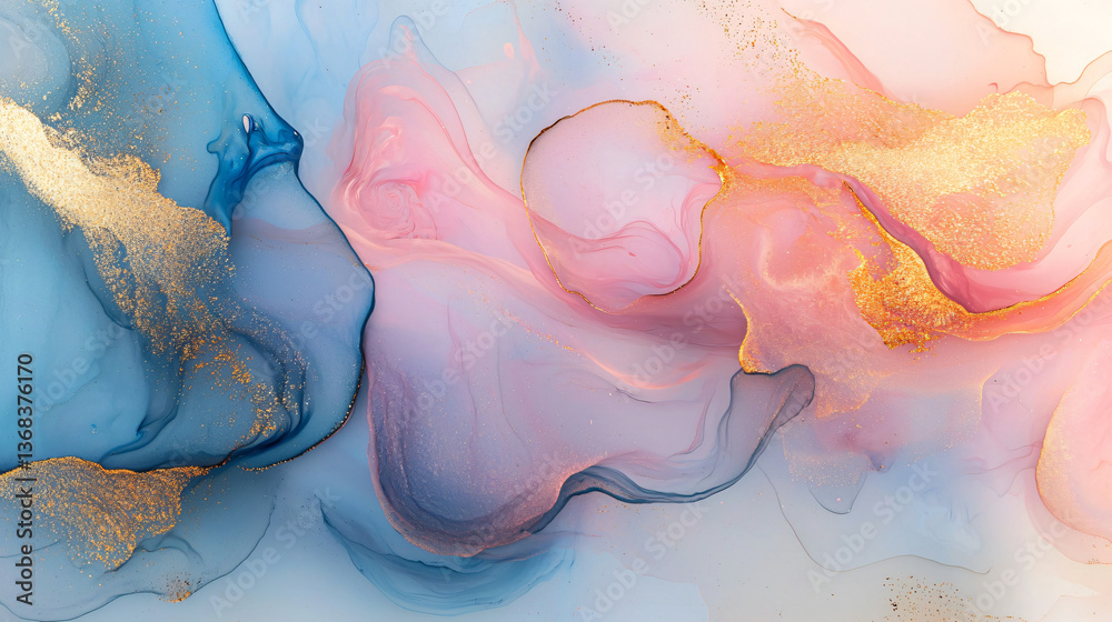 Fototapeta premium Fluid organic abstraction in soft pastels of pink and blue with elegant gold accents creating a dreamlike aesthetic for modern decor inspiration.