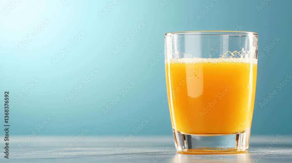 A refreshing glass of freshly squeezed orange juice sits on a table against a soft blue background, capturing the essence of a healthy and vibrant lifestyle. A refreshing glass of freshly squeezed orange juice sits on a table against a soft blue background, capturing the essence of a healthy and vibrant lifestyle.