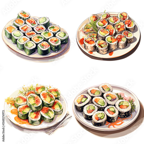 Watercolor sushi roll platter set with seaweed, rice, salmon, tuna, and vegetables. Ideal for Japanese cuisine illustrations, menu designs, seafood branding, and gourmet food visuals.

