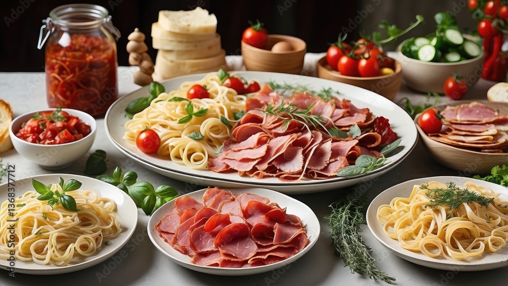 A colorful spread of various dishes featuring cured meats, A colorful spread of various dishes featuring cured meats,