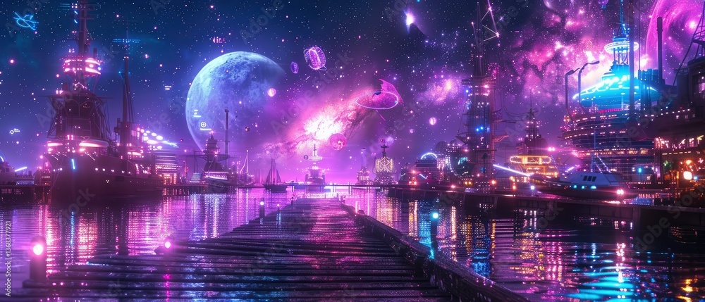 A vibrant cosmic scene featuring a futuristic harbor illuminated by colorful lights, with planets and stars in the background A vibrant cosmic scene featuring a futuristic harbor illuminated by colorful lights, with planets and stars in the background