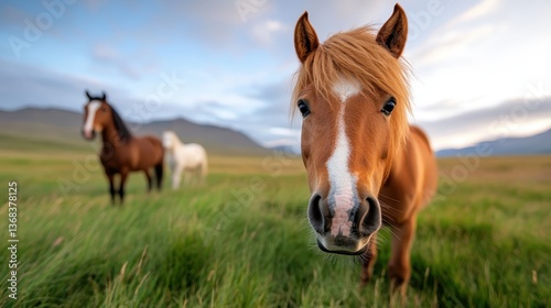 A close-up shot of a beautiful horse stands in lush green grass, showcasing its expressive eyes and unique mane against a stunning natural backdrop of mountains.