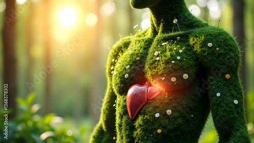 Moss-covered Human Figure with Liver in Natural Setting, Embracing Ecology, Health and Environmental Awareness 