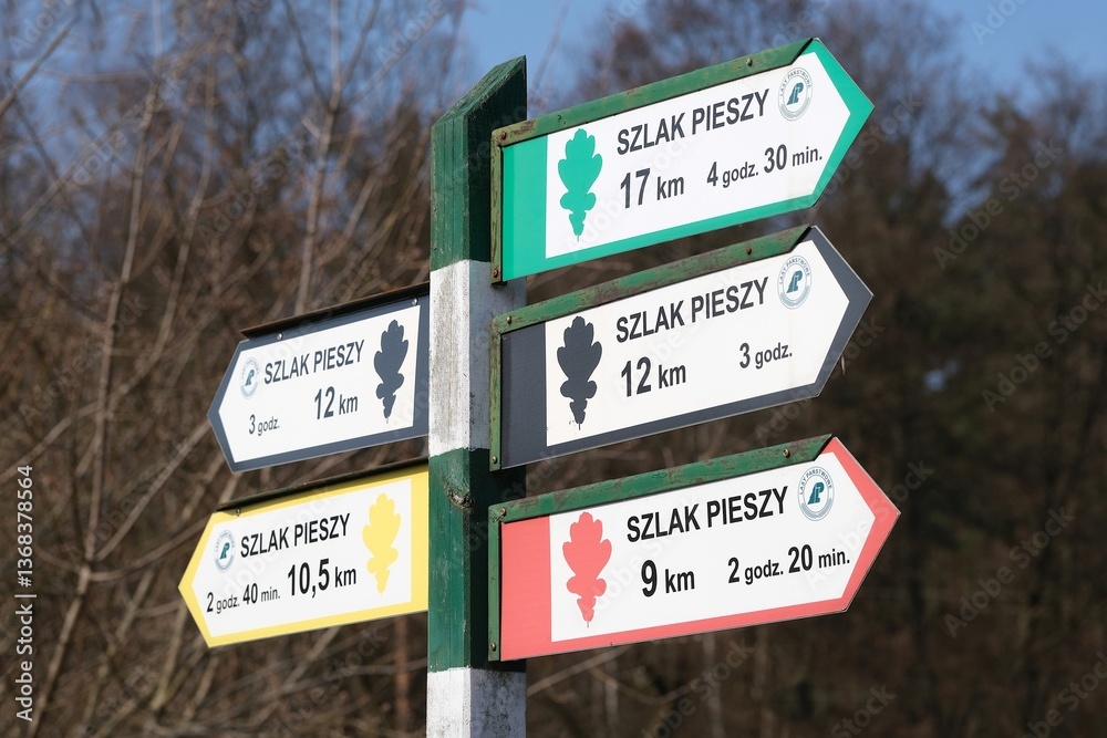 Signpost with colorful tourist trails.