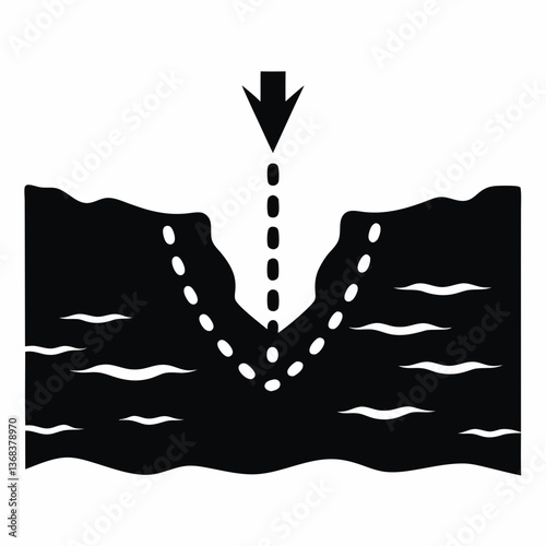 Ocean trench with downward arrow in black silhouette
