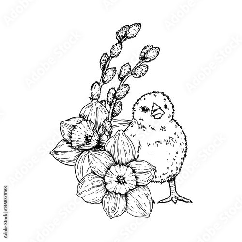 Hand drawn vector illustration of an Easter chick with blooming narcissus flowers and pussy willow branches. Black and white ink artwork perfect for spring greeting cards, prints, and decorations.