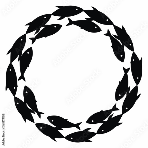 Circle of fish swimming in formation black silhouette