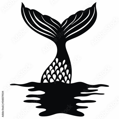 Mermaid tail splashing in ocean water silhouette