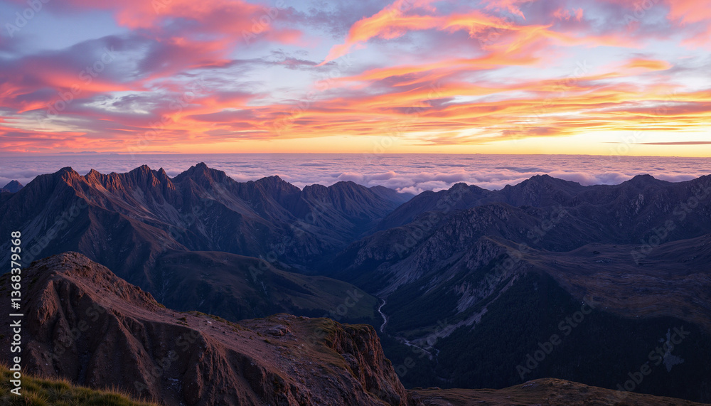 Naklejka premium Majestic mountain landscape at sunset with colorful clouds 
