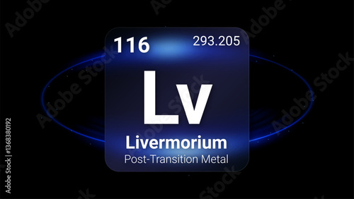 Livermorium (Lv) (116) Post Transition Metal, Glass Morphism Element Futuristic Neon Light Glow Background Periodic Table, Chemical Symbol, Name, Atomic Mass, Atomic Number, Vector Illustration