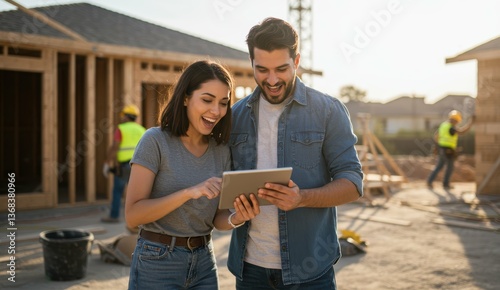 Young Hispanic couple, smiling at tablet, at construction site, showcasing teamwork, modern architecture, collaboration.