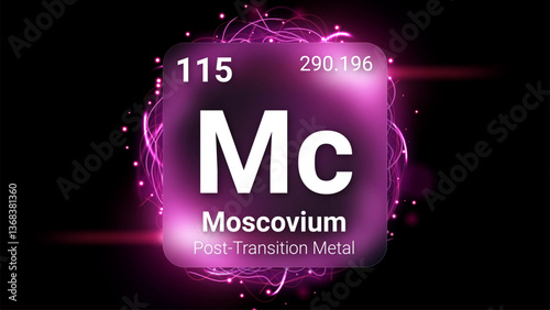 Moscovium (Mc) (115) Post Transition Metal, Glass Morphism Element Futuristic Neon Light Glow Background Periodic Table, Chemical Symbol, Name, Atomic Mass, Atomic Number, Vector Illustration