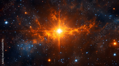 Vibrant cosmic explosion of a star amidst a backdrop of swirling nebulae and distant galaxies