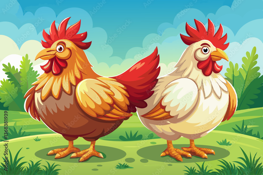 Fototapeta premium two chicken standing in green field farm with beautiful sky and grass