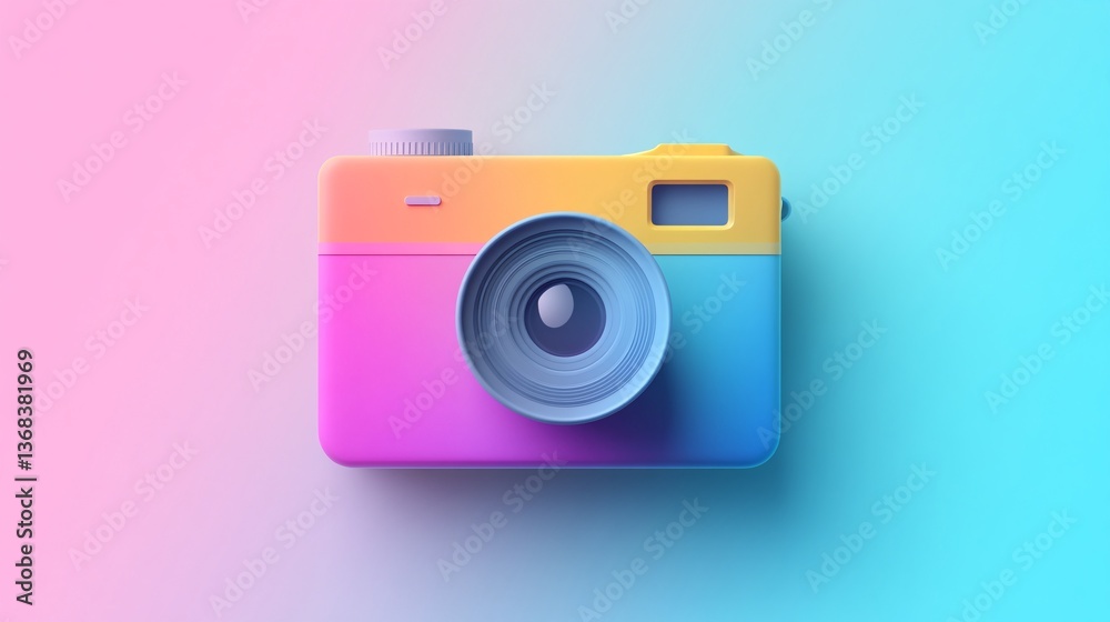 Colorful retro camera floating on gradient background symbolizing photography and memories Colorful retro camera floating on gradient background symbolizing photography and memories