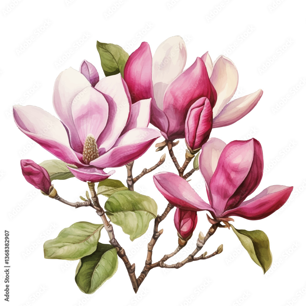 Naklejka premium Magnolia isolated spring flower blossom vector illustration. Pink blooming tree design element. Bloom flower on white, vector magnolia tree blossom element - pink petal, bud, green leaf.