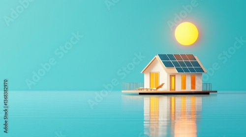 Floating house with solar panels glowing under a digital sun