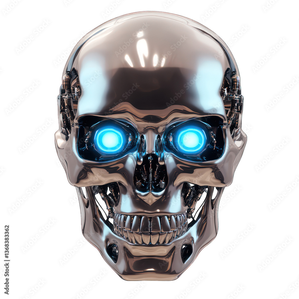 A floating robotic skull with blue holographic eyes, isolated on a transparent background. A floating robotic skull with blue holographic eyes, isolated on a transparent background.