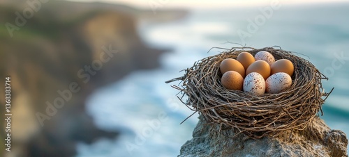 Obraz na płótnie Cliffside Haven, Birds nests with eggs w salonie