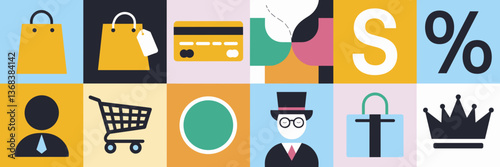 Vector sheet of shopping-themed icons, including a shopping bag, credit card, dollar sign, percentage sign, and shopping cart