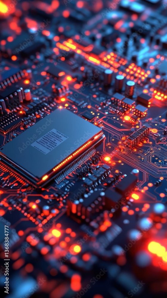 Close-up of a computer circuit board with glowing components Close-up of a computer circuit board with glowing components