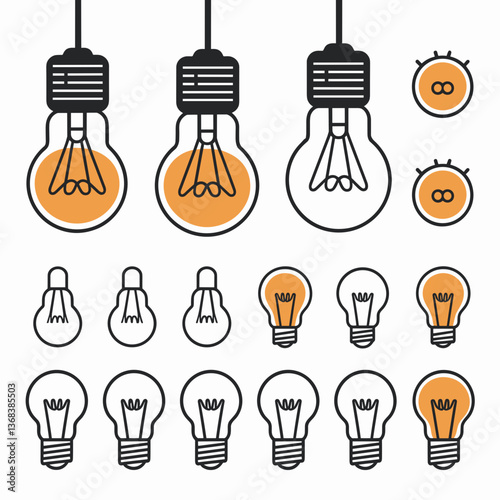 Vector icon sheet of lightbulbs with different filament states – Great for electrical concepts, problem-solving visuals, or educational materials.